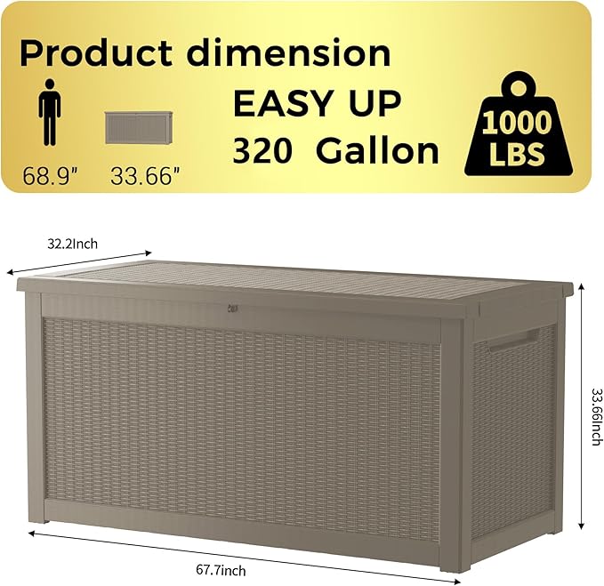 TARKARI 320 Gallon Lockable Resin Deck Box, Waterproof & UV-Resistant Outdoor Storage Box for Outdoor Cushion Storage, Garden Tools & Pool Accessories Storage, Gray Home