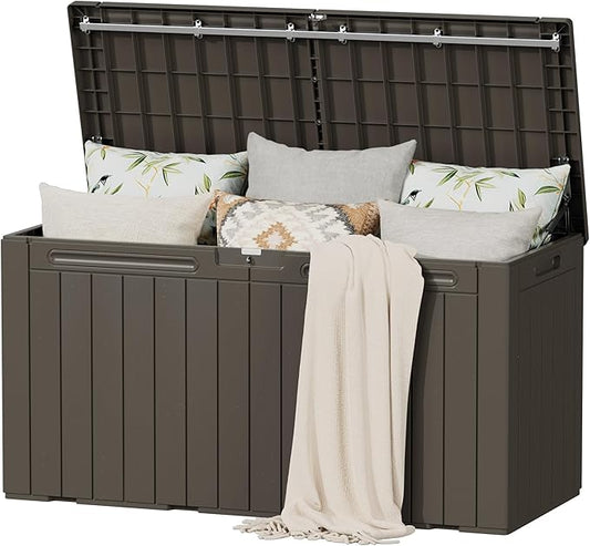 Flamaker Resin Deck Box 100 Gallon Large Lockable Outdoor Storage Box Waterproof for Patio Cushions, Tools, Pool Accessories (Deep Brown) Flamaker