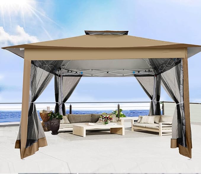 COBIZI 12x12 Pop Up Gazebo On Clearance Canopy Tent- Upgrade Metal Outdoor Canopy Waterproof - Portable Gazebo with Mosquito Nettings, 4 Ropes 8 Stakes and Carry Bag for Patio Garden(Coffee) COBIZI