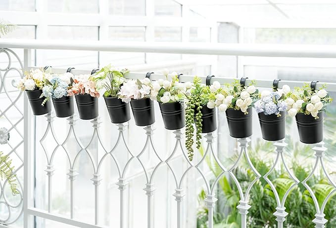 Dahey 10 Pcs Hanging Flower Pots Metal Iron Bucket Outdoor Planter for Railing Fence Balcony Garden Home Decoration Flower Holders with Detachable Hooks, Black, 5 Inches Dahey
