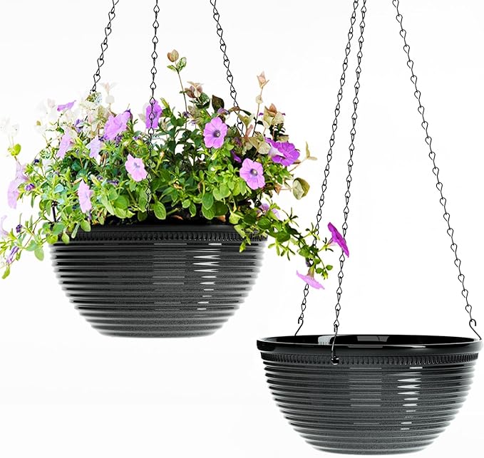 2 Pack Hanging Planters for Indoor Outdoor Plants, 10 Inch Hanging Planter with Drainage Hole & Plug Glazed Hanging Baskets Flower Pots for Garden Home (Black) Vanslogreen