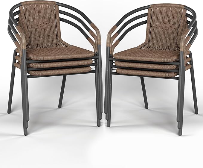 Amopatio Outdoor Dining Chairs Set of 6, Rattan Wicker Patio Chairs, Stackable Indoor-Outdoor Chairs, Bistro, Deck, Yard, Porch, 6 Pack, Brown Amopatio