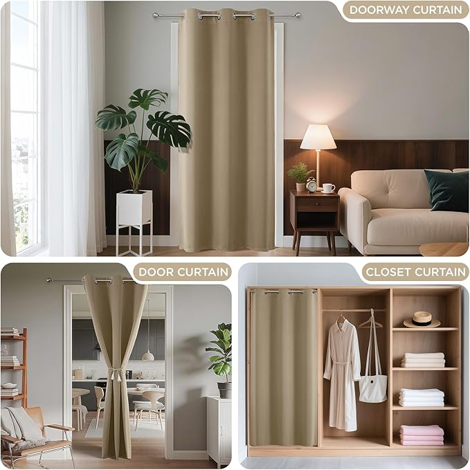 Joydeco Blackout Door Curtain for Doorway Privacy 96 Inches Long, Grommet Closet Curtain for Open Closet, Room Divider for Bedroom Living Room (Light Beige, 52Wx96L, 1 Panel) JOYDECO