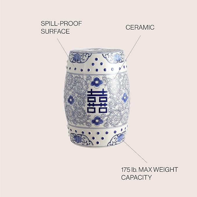 JONATHAN Y TBL1013A Double Happiness 18" Chinoiserie Ceramic Drum Indoor/Outdoor Garden Stool Bohemian, Coastal, Classic, Cottage, French Country, Traditional, Bathroom, Garden Room, Patio, Blue/White JONATHANY