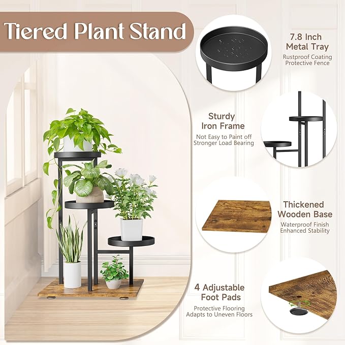 iDavosic.ly 3 Tier Plant Stand Indoor, Tiered Corner Flower Holder Shelf Outdoor, Metal Tall Orchid Display Rack for Patio Porch Garden Balcony Office Living Room, Modern Black & Rustic Brown iDavosicly