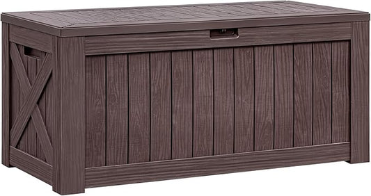 Flamaker Resin Deck Box 120 Gallon Waterproof Large Outdoor Indoor Storage Box Imitation Wood Resin for Patio Furniture Garden Tools and Pool (Deep Brown) Flamaker