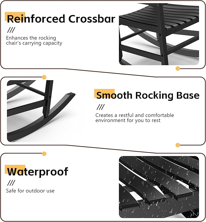 Patio Rocking Chair Outdoor Set of 2,Weather Resistant Poly Resin Oversized Porch Rocker,High Back Smooth Design,350lb Weight Capacity,Indoor Outdoor Use(2, Black) GYMHILL