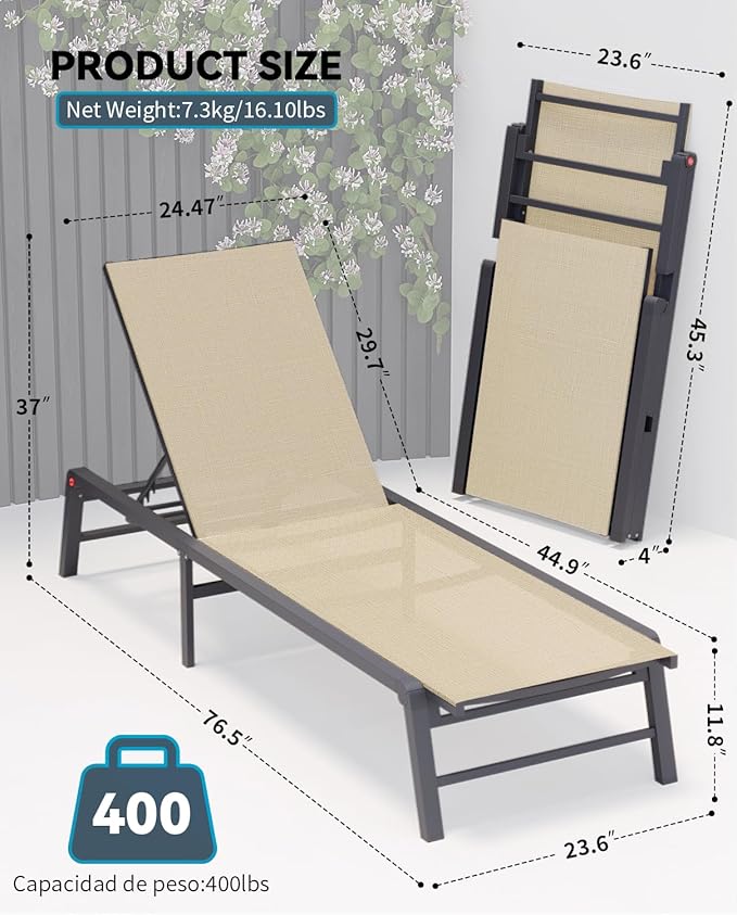 Chaise Lounge Chair Outdoor Aluminum Patio Lounge Chair with 5 Adjustable Positions Folding Pool Lounge Chairs Assemble-Free Beach Lounge Chair for Patio, Pool, Indoor and Outdoor Flaxen Rootora