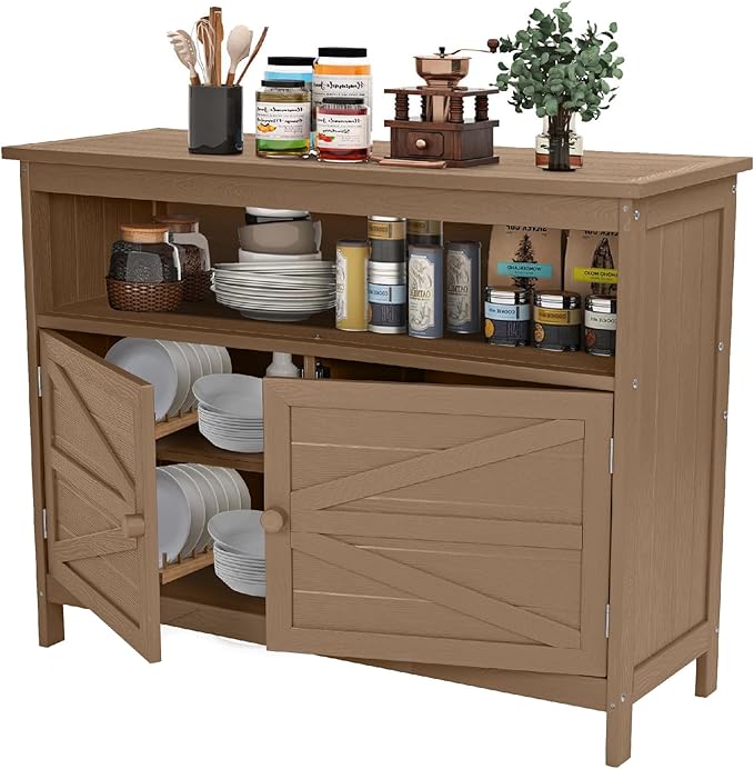 HIPS All-Weather Outdoor Storage Cabinet,Outdoor Sideboard with Magnetic Doors,3-Shelves Patio Storage Cabinet, Used for Garden,Buffet Cabinet,TV Stand, Bar Table,Balcony CONGFUTT