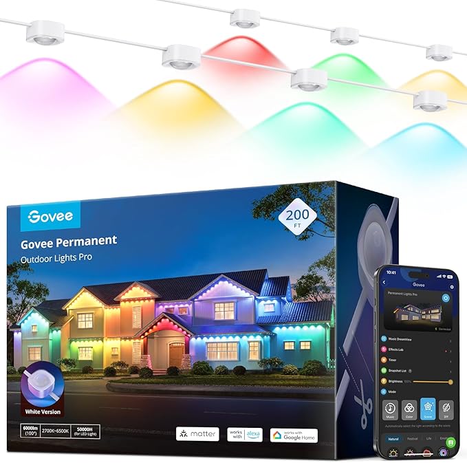 Govee Permanent Outdoor Lights Pro, 200ft with 120 RGBIC LED Lights for Daily and Accent Lighting, 75 Scene Modes for Outdoor Decor, IP67 Waterproof, Works with Alexa, Google Assistant, Matter, White Govee
