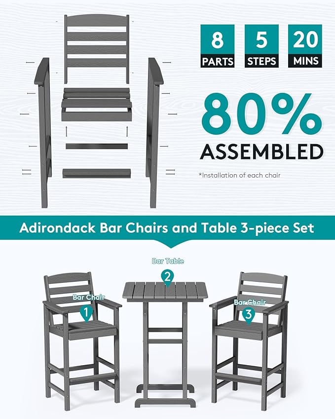 SERWALL Balcony Adirondack Chairs and Table 3 Pieces Set, Adirondack Bar Height Chairs Set of 2 and Bar Table, Outdoor Bar Stools Set, Gray SERWALL