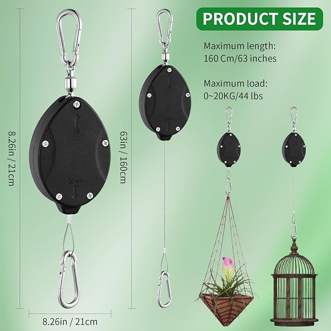 1 Pack Heavy Duty Retractable Plant Hangers, Adjustable Pull-Down Pulleys with 63" Stainless Steel Rope, Double Hooks for Hanging Plants, Bird Feeders, Planters & Pots, Indoor & Outdoor Use FYRVEXENZI