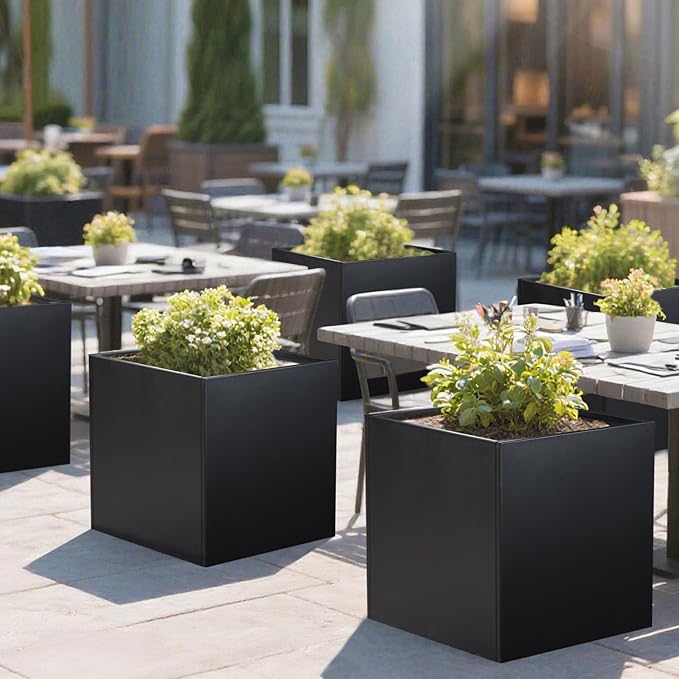 Galvanized Steel Planter Box 26Inch Black Metal Planter Large Square Indoor Outdoor Planters Cube Steel Heavy Duty Flower Pot Powder Coating Modern Commercial Residential for Patio, Yard, Garden GZGNEEVL
