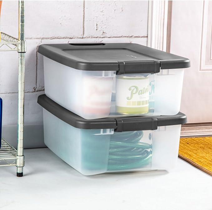 Sterilite 6-Pack ShelfTote, Clear Plastic Storage Bins with Lids, 25 Quart, Gray - Stackable Organizing Container Boxes for Closet, Bathroom, and Office Sterilite