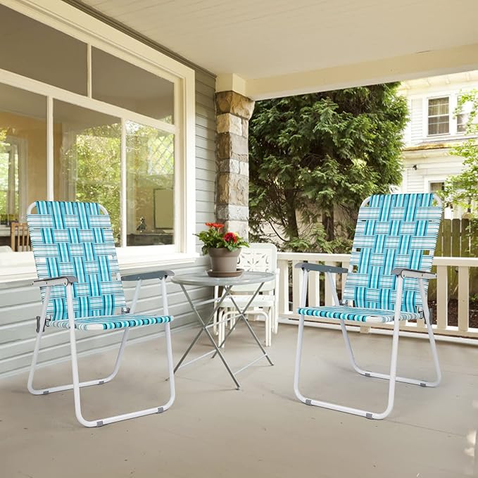 VINGLI Patio Lawn Webbed Folding Chairs Set of 2, Outdoor Beach Chair Portable Dining Chair for Outdoor Yard, Garden (White & Blue, Classic) VINGLI