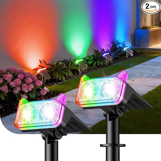 WdtPro Solar Color Changing Spot Lights, 8 Lighting Modes Solar Lights Outdoor Waterproof, Multicolor RGB Outdoor Lights, 7 Colors Auto Cycling Landscape Spolights for Yard Garden Decoration, 2 Pack WdtPro