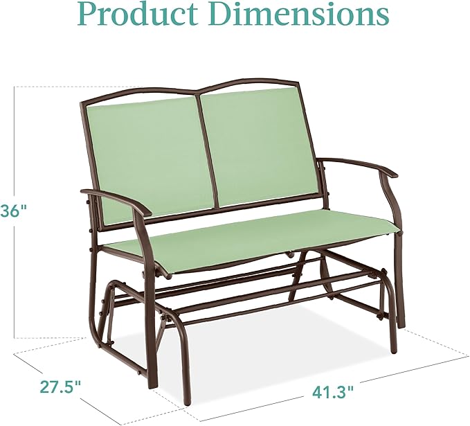 Best Choice Products 2-Person Outdoor Patio Swing Glider Steel Bench Loveseat Rocker for Deck, Porch w/Textilene Fabric, Steel Frame - Sage Green/Brown BestChoiceProducts