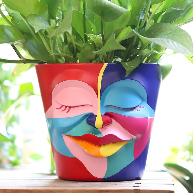 GUGUGO 8 Inch Abstract Rainbow Head Planter, Unique Face Plant Pot with Drainage, Cute Eclectic Flower Planters Pots for Indoor Outdoor Plants, Colorful Funny Room Decor Aesthetic, Coral Red & Indigo GUGUGOHOMEDECOR