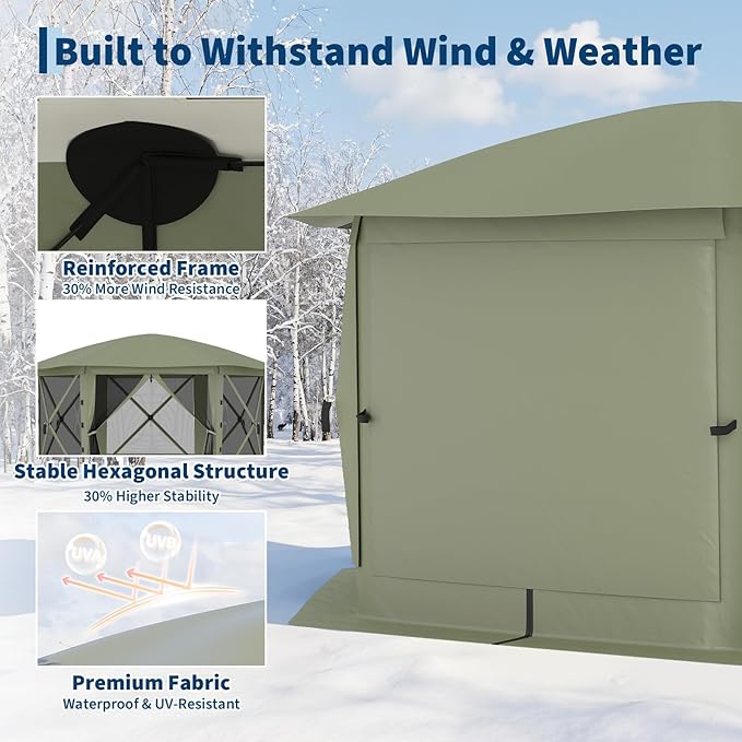 11.5x11.5FT 6-Sided Pop Up Gazebo Tent，One-Push Setup Canopy Tent with Mesh Panels & Removable Wind Cloths, Outdoor shelter for Camping, Backyard Parties, Outdoor Events - Army Green GarveeLife
