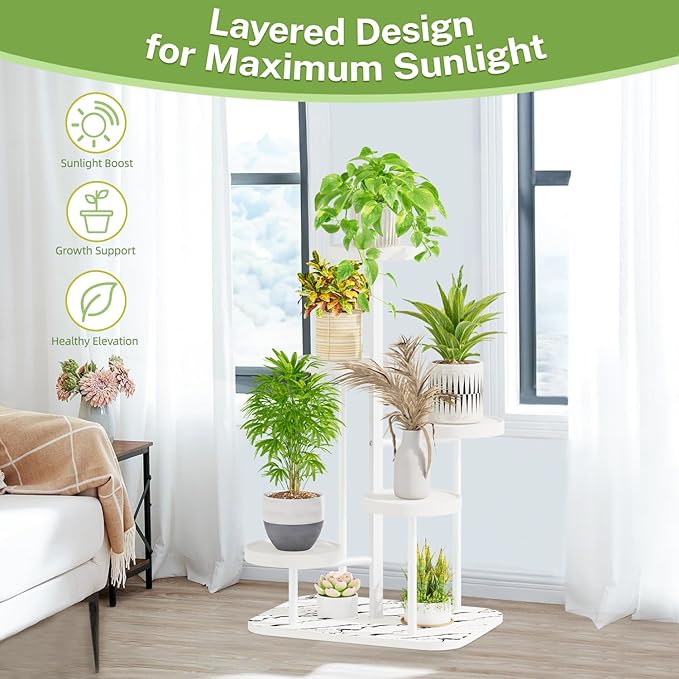 iDavosic.ly 5 Tier Plant Stand Indoor Outdoor, Tiered Corner Plant Stands for Multiple Plants, Metal Plastic Tall Plant Display Holder Flower Shelf for Patio Living Room Garden Balcony Bedroom, White iDavosicly