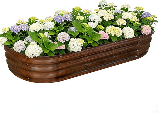 Galvanized Raised Garden Bed Outdoor, Large Raised Bed for Gardening, 6x3x1ft Oval Metal Planter Box for Vegetables, Fruits, Flowers, Dark Brown Wood Grain VivaGarden