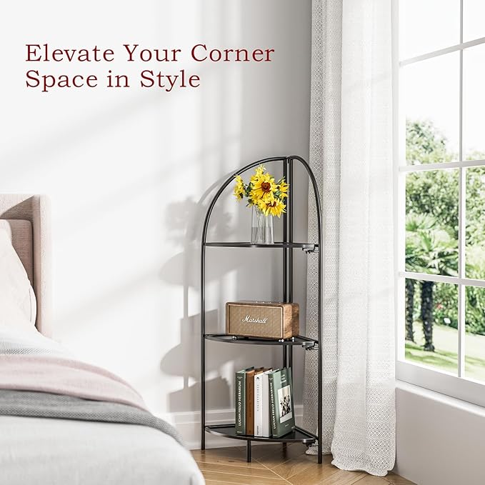 Crofy Foldable 3 Tier Corner Shelf, Metal Corner Plant Stand with Black Frame and Black Shelves, Corner Display Rack Multipurpose Shelving Unit for Living Room, Bedroom, Bathroom CrofyLLC