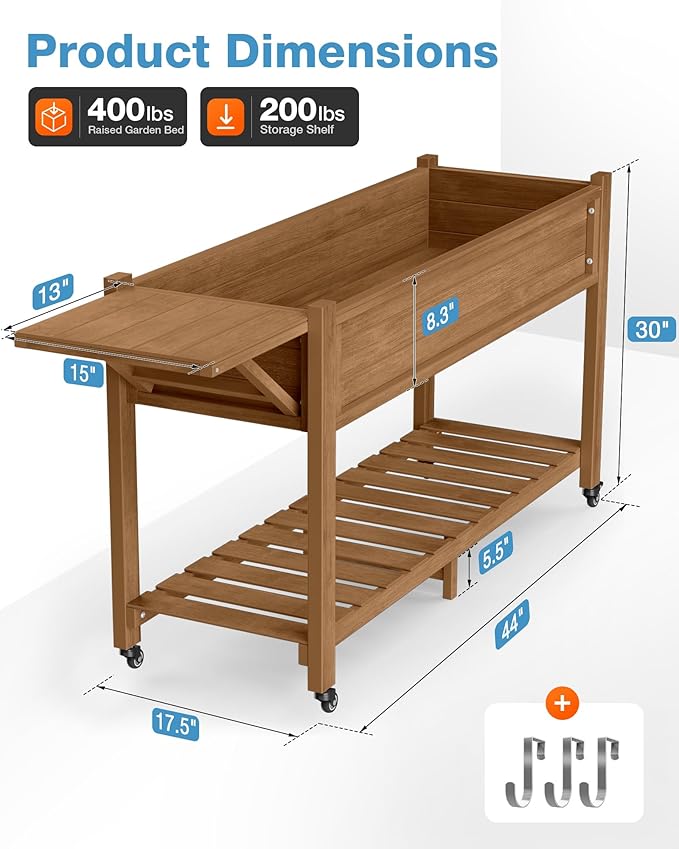 YEFU Raised Garden Bed with Legs: 57x18x30in Weight Capacity 400lb - Waterproof Raised Planter Box with Wheels - Elevated Garden Bed with Storage Shelf - Weather Resistant - for Deck/Patio/Porch/Teak YEFU