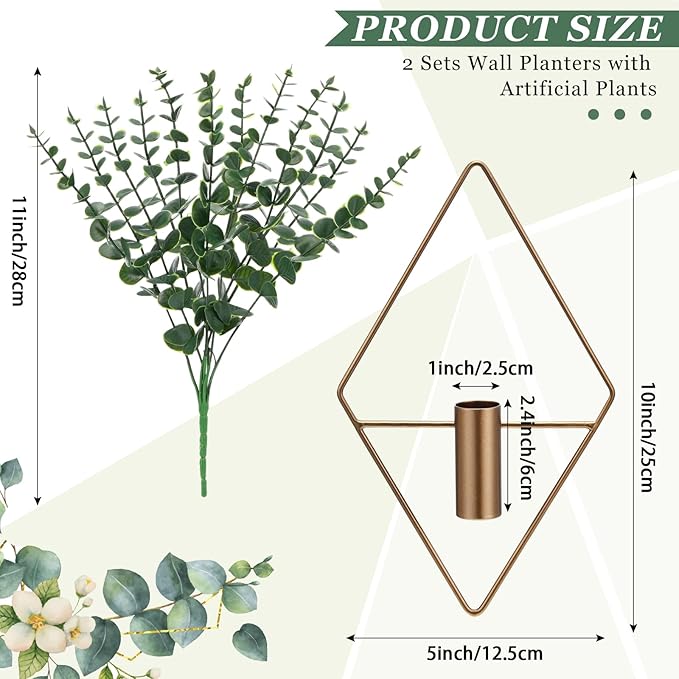 4 Pieces Bronze Wall Decor Hanging Planters with Artificial Plants Metal Hanging Vase Indoor Plants Holder Modern Boho Wall Art for Bathroom Bedroom Living Room Decor, Eucalyptus Canlierr