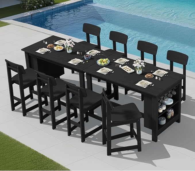 SERWALL 10-Piece HDPE Counter Height Dining Table Sets with Storage and Wine Rack, 2 Rectangular Bar Table with Bar Stools Set of 8 for Garden, Backyard, Kitchen, Black SERWALL