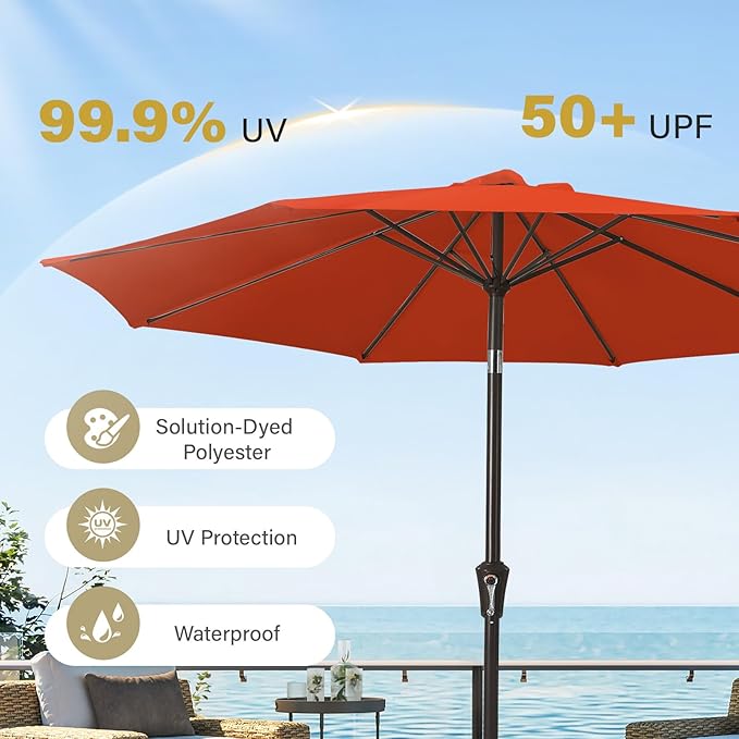 MEWAY 9ft Patio Umbrella Outdoor Table Umbrellas with Push Tilt and Crank, Market Umbrella 8 Sturdy Ribs for Deck, Garden, Pool and Backyard, Red Orange MEWAY