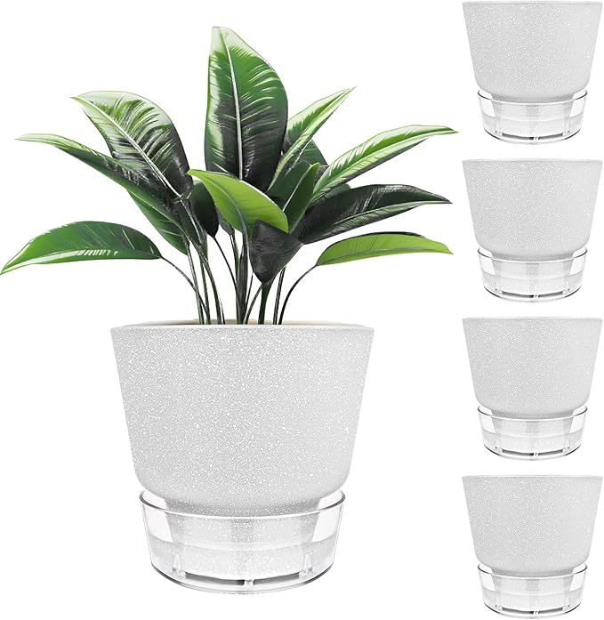 2024 Upgraded 5 Pack 6-Inch Self-Watering Planter Pots with Deep Reservoir for Indoor and Outdoor Plants with Planting Tools (Frosted White) HYNZ