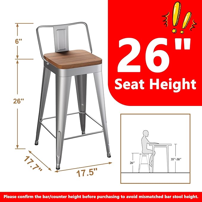 WENTMENT Bar Stools Set of 4 Counter Height Stools with Removable Back 26" Kitchen Bar Stools with Wooden Seat, Silver WENTMENT