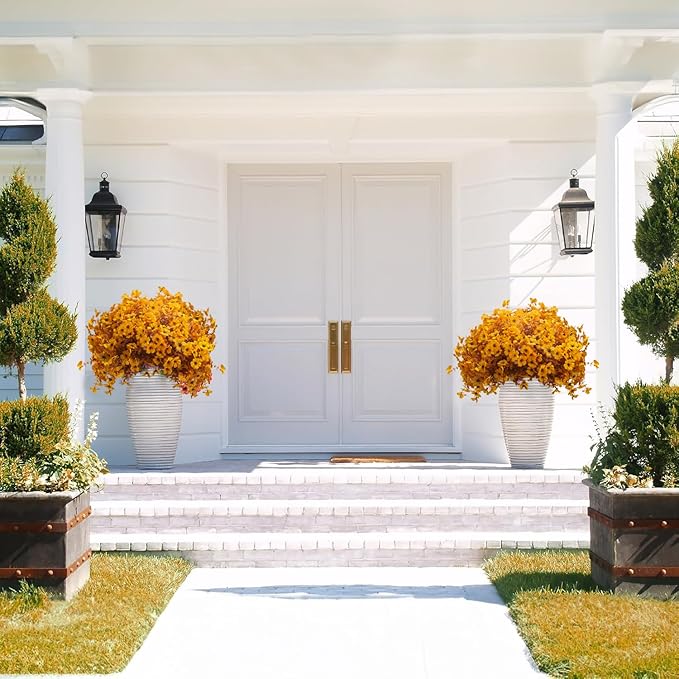 16 Bundles Artificial Fall Mums Outdoor UV Resistant, Fake Silk Plants No Fade Faux Greenery for Garden Porch Patio - Autumn Thanksgiving Christmas Home Decor (Fall Yellow) Grunyia
