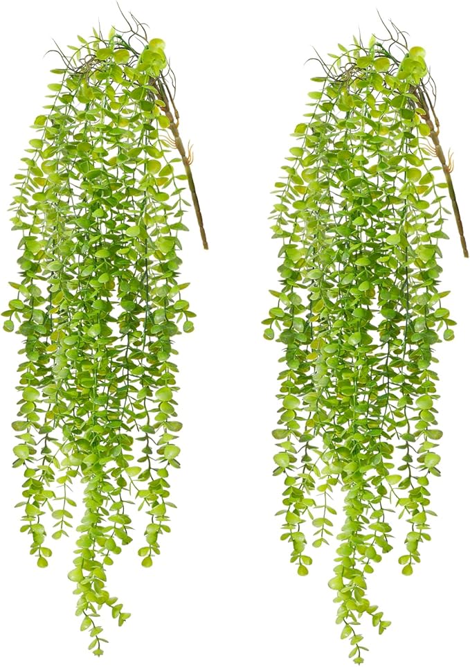 2 Pack Fake Hanging Plants, Artificial Hanging Eucalyptus Plants Greenery Vines UV Resistant Faux Trailing Plants for Indoor Outdoor Wall Shelf Porch Boho Home Patio Decor (2PCS Dark Green) dallisten