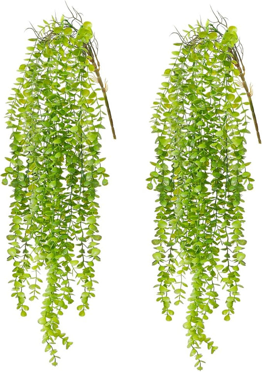 2 Pack Fake Hanging Plants, Artificial Hanging Eucalyptus Plants Greenery Vines UV Resistant Faux Trailing Plants for Indoor Outdoor Wall Shelf Porch Boho Home Patio Decor (2PCS Dark Green) dallisten