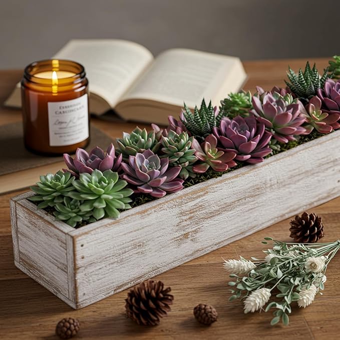 Dandat 2 Set Wood Boxes for Centerpieces 16x4 Inch Rectangle Wooden Planter Box Rustic Wooden Planters with Removable Plastic Liner Floral Foam Blocks for Christmas Wedding Home Garden Decor(White) Dandat