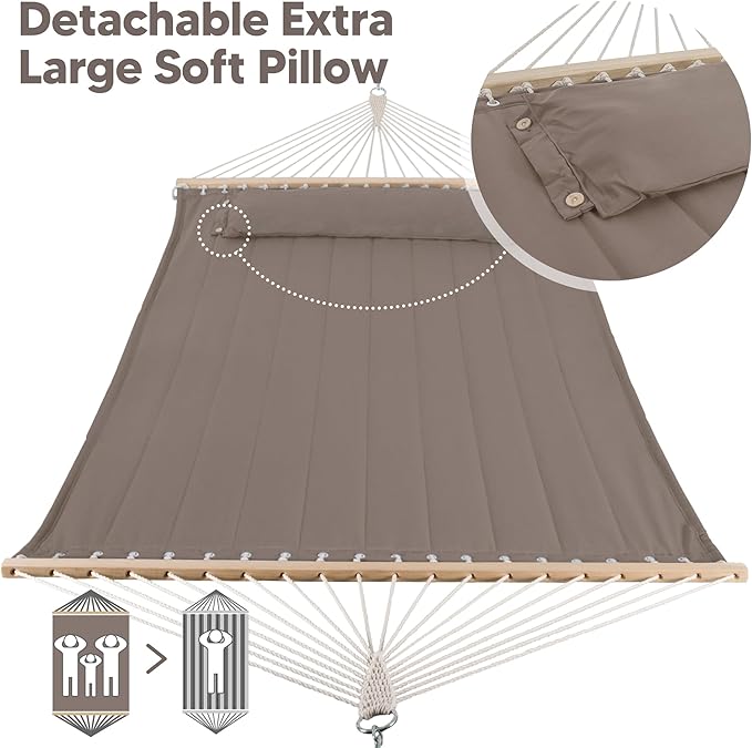 SUNCREAT Double Quilted Hammock with Hardwood Spreader Bar, Extra Large Soft Pillow, Heavy Duty 2 Person Hammock for Indoor, Outdoor, Brown SUNCREAT