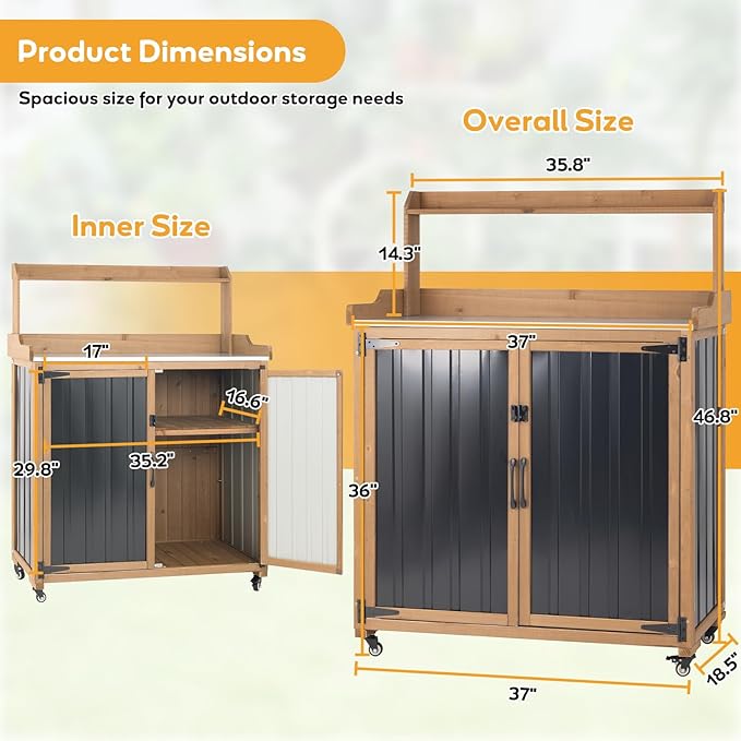Potting Bench Table & Outdoor Storage Cabinet with Lockable Wheels, Adjustable Shelves, Mobile Waterproof Metal Top Workstation for Garden Patio BBQ Organization, Magnetic Latch & Edge Guard PETSCOSSET
