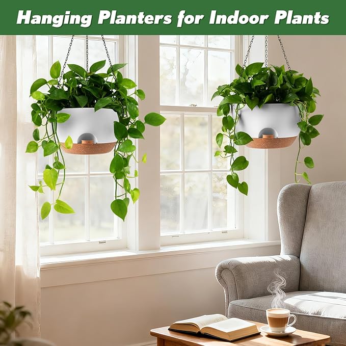 3-Piece Set of 10-Inch Hanging Planters with Automatic Watering System and Drip Tray, Includes Metal Chain, Suitable for Various Indoor and Outdoor Plants and Flowers, White-Brown Rootora