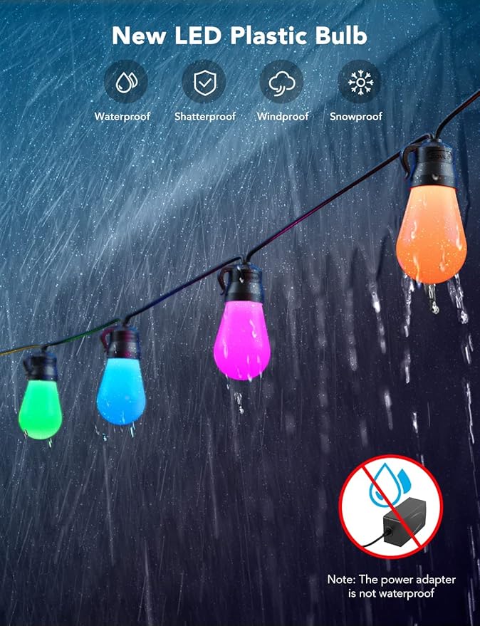 Govee Smart Outdoor String Lights H7016, 96ft RGBIC Outdoor Lights with 30 Dimmable LED Bulbs, IP65 Waterproof, Color Changing Warm White Lights with 47 Scene Modes for Patio, Backyard, App Control Govee