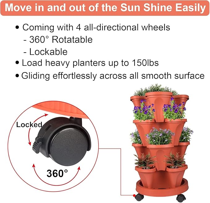 Vertical Planter 4 Tier Stackable Planters Garden Planters Strawberry Herb Flower and Vegetable Planter Indoor Outdoor Gardening Pots with Removable Wheels and Tools GameXcel