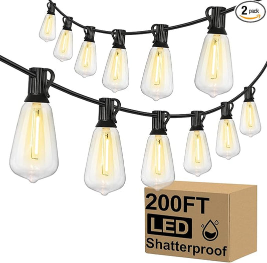 Brightever Outdoor String Lights 200FT Waterproof, Patio String Lights for Outside with 100+4 ST38 Shatterproof LED Filament Bulbs, Dimmable Hanging Lights for Christmas, Party, Cafe (2-Pack 100FT) Brightever