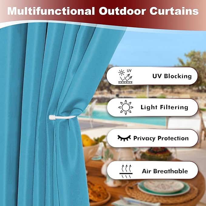 HolidayIdeas Grommet Outdoor Curtains for Patio Waterproof 8 Pcs All Weather Balcony Outside Curtains for Apartments, Gazebo, Pergolas, Porch, 54x108 Inch, Teal HolidayIdeas