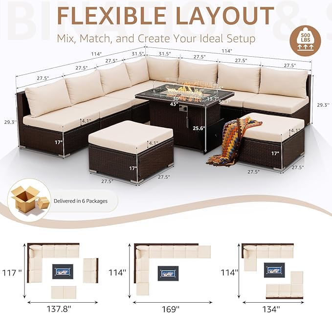 NICESOUL 10 Piece Patio Furniture Sectional Set with Fire Pit Propane/Natural Gas Convertible, 29.3'' High Back Deep Wide Outdoor Couch, 9 Seater Oversized High-End Wicker Conversation Sofas, Brown NICESOUL