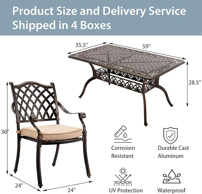 7-Piece Cast Aluminum Patio Furniture, Patio Dining Set for 6 Include 59" Rectangular Outdoor Dining Table and 6 Stackable Chairs with Cushions & Umbrella Hole (Bronze) Rootora