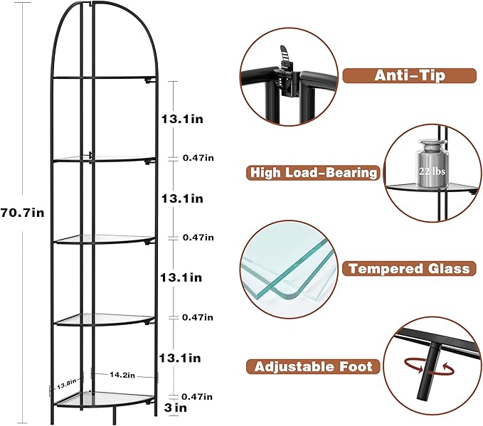 Crofy Foldable 5 Tier Corner Shelf, Metal Corner Plant Stand with Black Frame and Transparent Shelves, Corner Display Rack Multipurpose Shelving Unit for Living Room, Bedroom, Bathroom CrofyLLC
