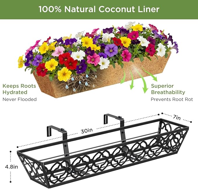 HFHOME 4 Pcs 30" Window Box Deck Railing Planter with Horse Trough Coco Liners, Black Metal Hanging Flower Planters Baskets for Indoor, Outdoor, Balcony, Porch, Fence, Patio, and Lawn HFHOME