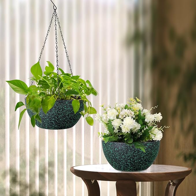 8 inch Small Hanging Planters for Indoor Outdoor Plants, 2 Pack Hanging Flower Pots with Drainage Holes and Chain, Plastic Hanging Baskets for House Plants, Black with Green Speckles Meowell