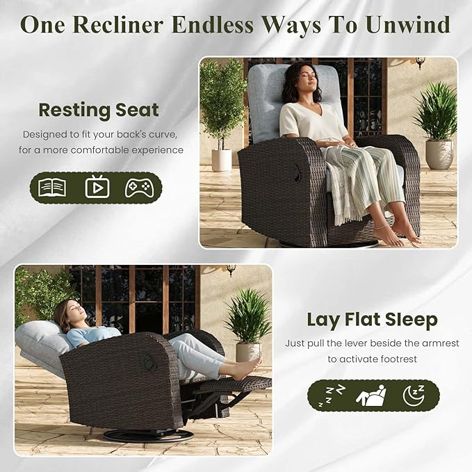 LayinSun Oversized Wicker Outdoor Swivel Glider Recliner with Adjustable Backrest & Footrest, Patio Reclining Lounge Chair LayinSun