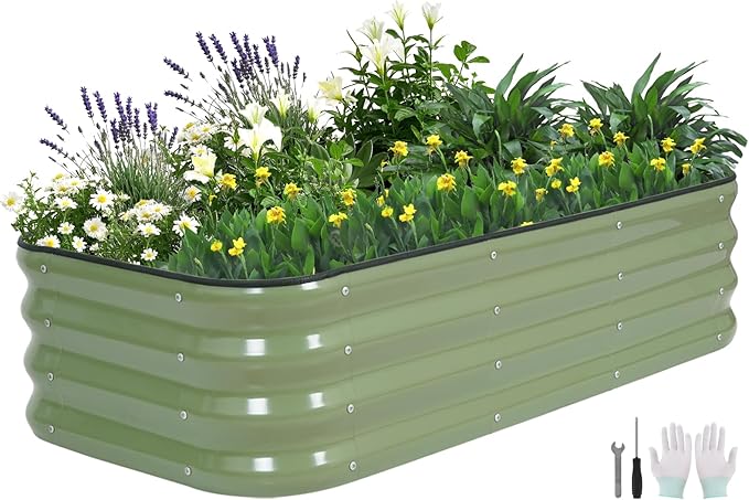 3 in 1 Galvanized Raised Garden Bed - 4x2x1ft Modular Garden Planter Bed Outdoor | Steel Raised Bed Kit with Bracing Rods, Gloves for Gardening Vegetables Fruits and Flowers (Green) BIRDSINYARD